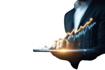 Businessperson analyzing growth chart on a tablet.