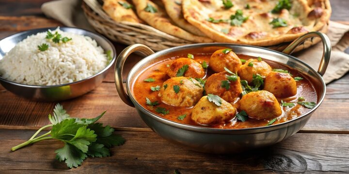 Spicy Kashmiri dum aloo dish served in a shallow bowl with a side of steaming basmati rice and naan bread