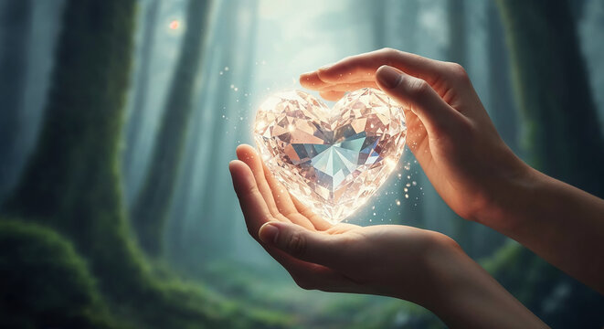 Protecting crystal heart in magical forest: spiritual healing and love concept