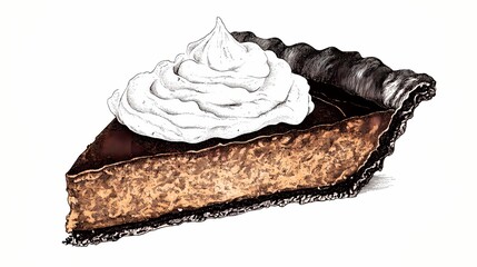 Detailed illustration of a slice of chocolate pie with whipped cream.