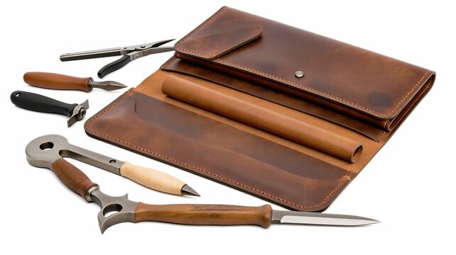 A leather case, tools and blades for craft and hobby on a white background is displayed.