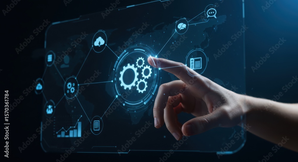 Wall mural hand interacting with a futuristic digital interface displaying a network of gears and data
