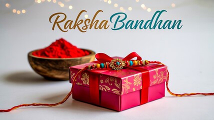 Raksha bandhan gift box with red rakhi thread and kumkum for indian festival

