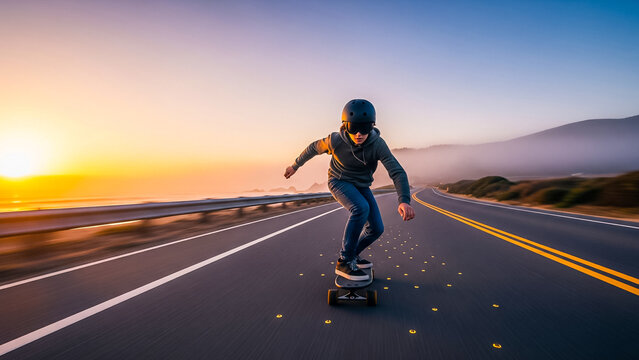 Realistic cinematic image of a blind teen skateboarding down a coastal road at dusk, captured with motion blur and freedom - Powered by Adobe