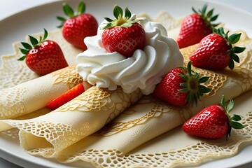 Delicate Rolled Crepes with Whipped Cream and Fresh Strawberries