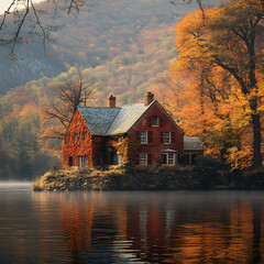 A photograph of a red stone house cloaked in ivy, nestled across a calm river, surrounded by vivid autumn trees, orange and amber foliage reflecting in the water,