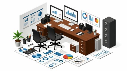 Obraz premium Isometric office workspace with charts, graphs, computers, desk and chairs in a clean, modern style.