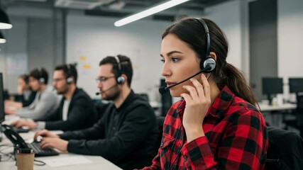 A customer service representative assists clients in a busy call center - Powered by Adobe