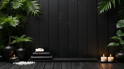 Warm candlelight and lush greenery illuminate a dark rustic surface, exuding tranquil ambiance.