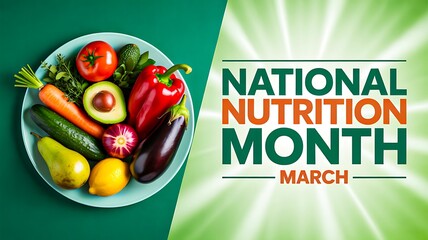 National nutrition month with fresh vegetables on green background