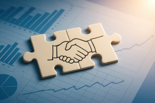 Business Partnership Concept with Puzzle Piece and Handshake Illustration on Financial Chart Background