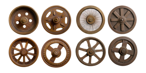 Collection of Vintage Wooden Wheels and Gears, PNG collection, set bundle, isolate on transparent or white background