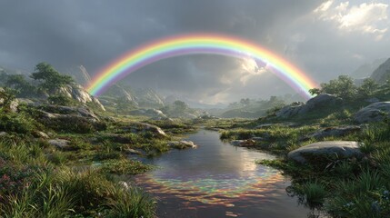 Lush valley with rainbow over stream and rocky hills river water