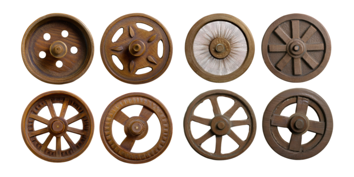 Collection of Vintage Wooden Wheels and Gears, PNG collection, set bundle, isolate on transparent or white background