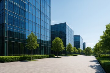 Obraz premium Modern business district with glass skyscrapers and green trees lining the pathway under a clear blue sky during daylight hours