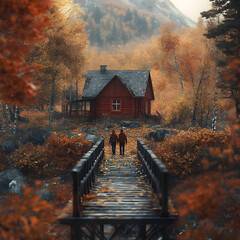 A peaceful walk through an autumn forest with a couple on a bridge leading to a cozy red cottage, vibrant leaves surrounding them, distant hills blurred in soft focus.