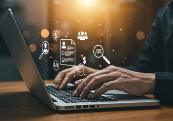Person typing on laptop with job search icons hands