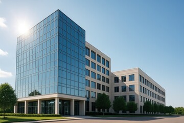 Modern Corporate Building with Glass Facade and Well-Manicured Landscape Under Clear Blue Sky in Daylight