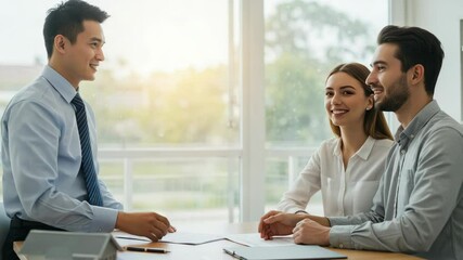 A real estate agent shakes hands with a happy couple after closing a deal - Powered by Adobe
