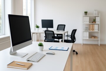 Modern and Minimalist Office Workspace with Computer, Keyboard, Notebook, and Green Plant on Desk in Bright and Airy Environment