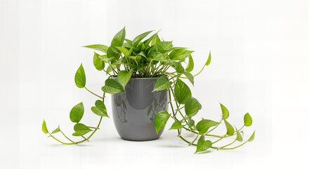 Elegant Indoor Pothos (Epipremnum aureum) in a Modern Grey Pot on White Background - Trendy Low-Maintenance Houseplant for Stylish Home and Office Decor, Natural Air Purifier and Cascading Foliage

