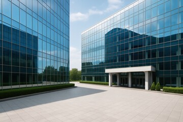 Fototapeta premium Modern Glass Facade of Office Buildings with Reflection and Clear Blue Sky on a Sunny Day in an Urban Setting