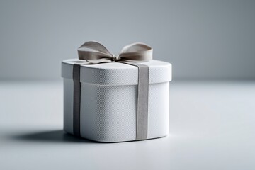 Small white gift box with gray ribbon in front of neutral wall with minimalist lighting