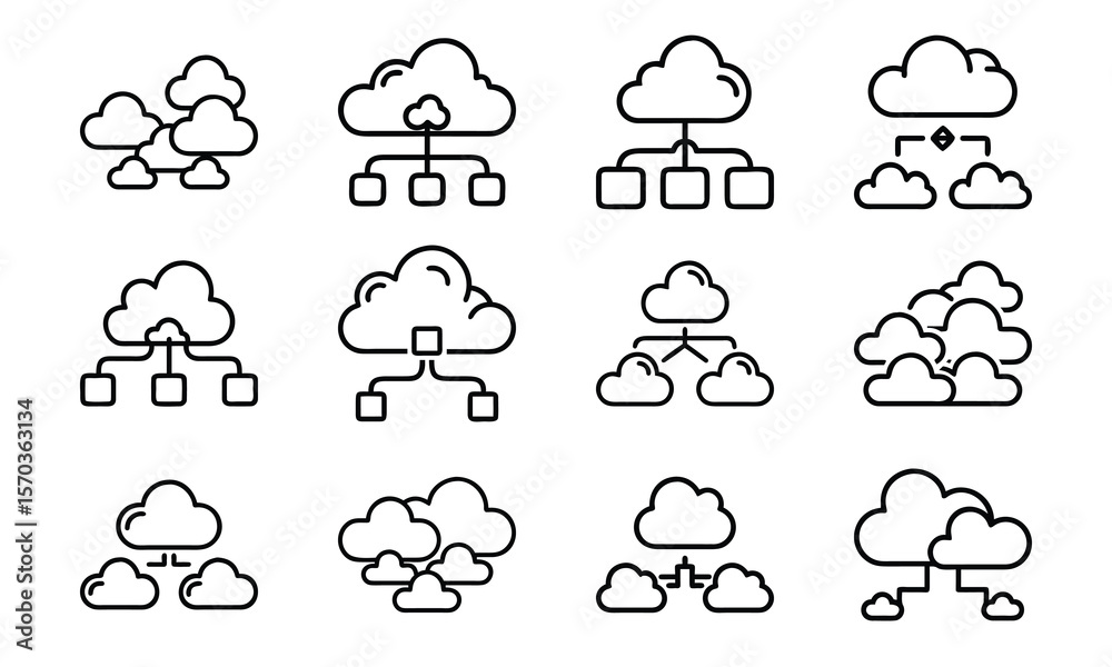 Poster collection of cloud computing icons illustrating network connections and data storage in simple line