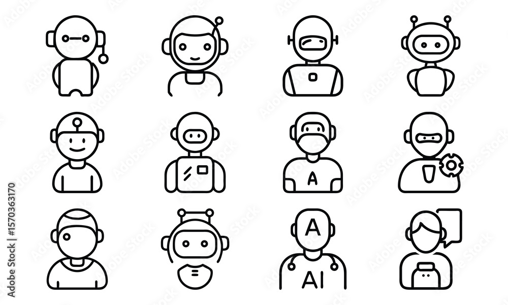 Poster minimalistic line art icons featuring various robots and artificial intelligence concepts