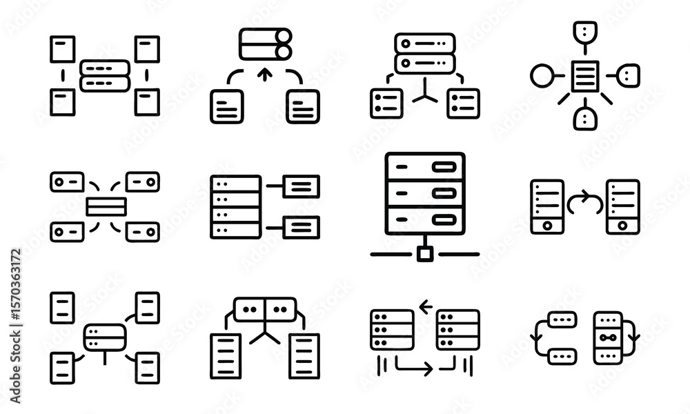 Poster set of black line icons illustrating database server and data transfer concepts