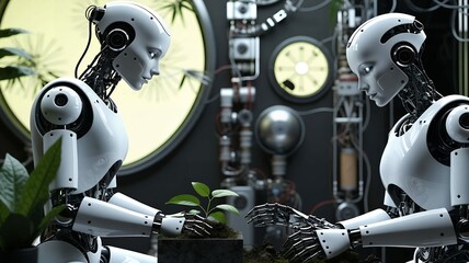 Fototapeta premium Futuristic chrome robot head and shoulder with visible wiring evokes a sense of the uncanny.