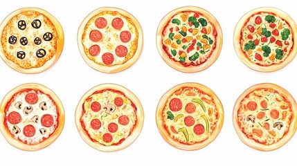 Variety of illustrated pizzas with diverse toppings.