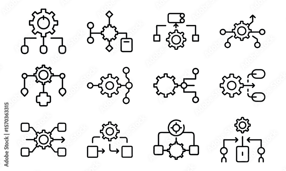 Poster set of gear icons and connection diagrams illustrating process and workflow concepts