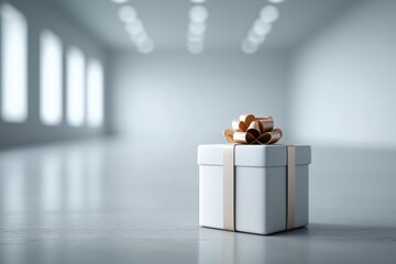 Stylish gift box placed in bright minimalist interior with soft lighting and empty space