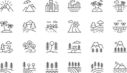 Nature and landscape line icons set – outline, vector, scenery, environment symbols