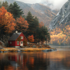 A peaceful countryside scene showing a red ivy-clad cottage on the opposite riverbank, surrounded by fall forest, mountains in background, golden reflections on the slow-moving water.