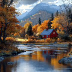 A peaceful countryside scene showing a red ivy-clad cottage on the opposite riverbank, surrounded by fall forest, mountains in background, golden reflections on the slow-moving water.