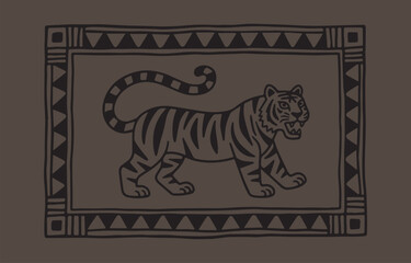 Stylized black tiger with stripes and a patterned border depicted in a simple graphic and bold linework style against a solid dark brown background