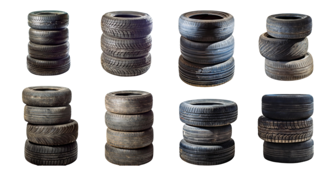 Variety of Stacked Tires on White Background for Automotive Use, isolated on transparent background