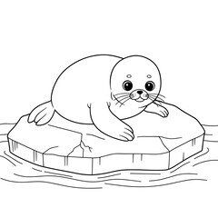 A cartoon seal with big eyes and whiskers rests on cracked floating ice, surrounded by gentle waves.