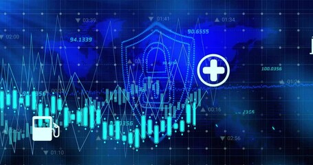 Lightning bolt appearing right igniting shield lock as icons shifting past bars showing data flow - Powered by Adobe