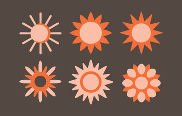 Fototapeta premium A collection of six stylized suns in shades of orange and pink arranged in two rows against a dark brown background showcasing a simple graphic design
