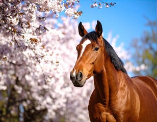 Horse amidst spring blossoms