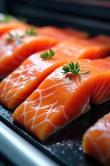 Contaminated Salmon Filets A Close-Up View of Spoiled Fish in Supermarket Display, Highlighting Food Safety Risks