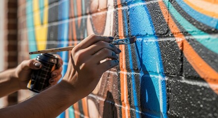 Close up hands painting vibrant abstract graffiti art mural on rough brick wall urban street surface with brush and spray can showing creative artistic process and urban style