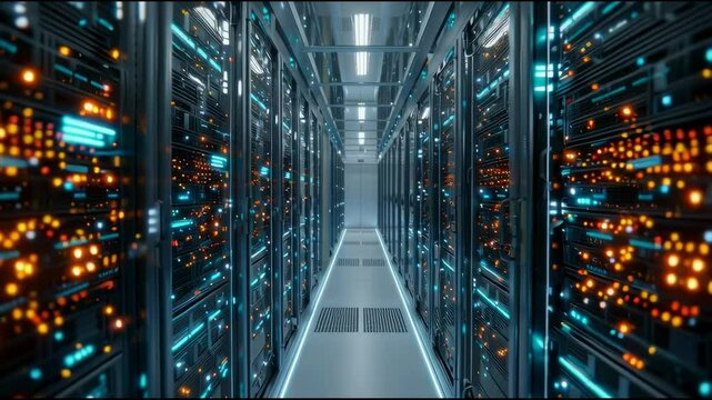A brightly lit server room filled with rows of server racks and glowing indicator lights.
