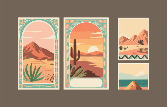 Collection of stylized desert landscapes featuring cacti mountains and sunsets in a retro art deco inspired design with a muted color palette