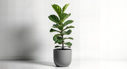 Modern Indoor Fiddle Leaf Fig (Ficus lyrata) in a Stylish Grey Pot on White Background - Trendy Low-Maintenance Houseplant for Elegant Home and Office Decor, Natural Air Purifier and Indoor Foliage