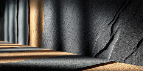 Dark slate texture wall with rhythm and sunlight shadow
