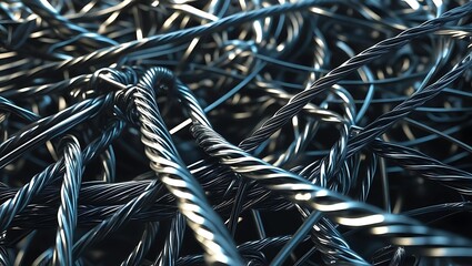 Close-up view of tangled metallic steel cables, showing intricate details.